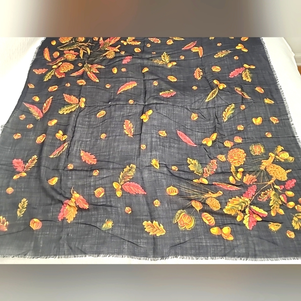 Women's Vintage Mark Cross Autumn Theme Sheer Square Wrap/Shawl/Scarf